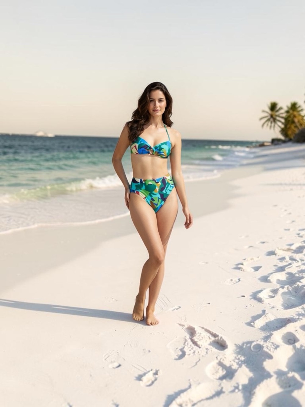 Time and Tru Teal Blue Green Abstract Ring-Front High-Waist Bikini - Picture 4 of 13